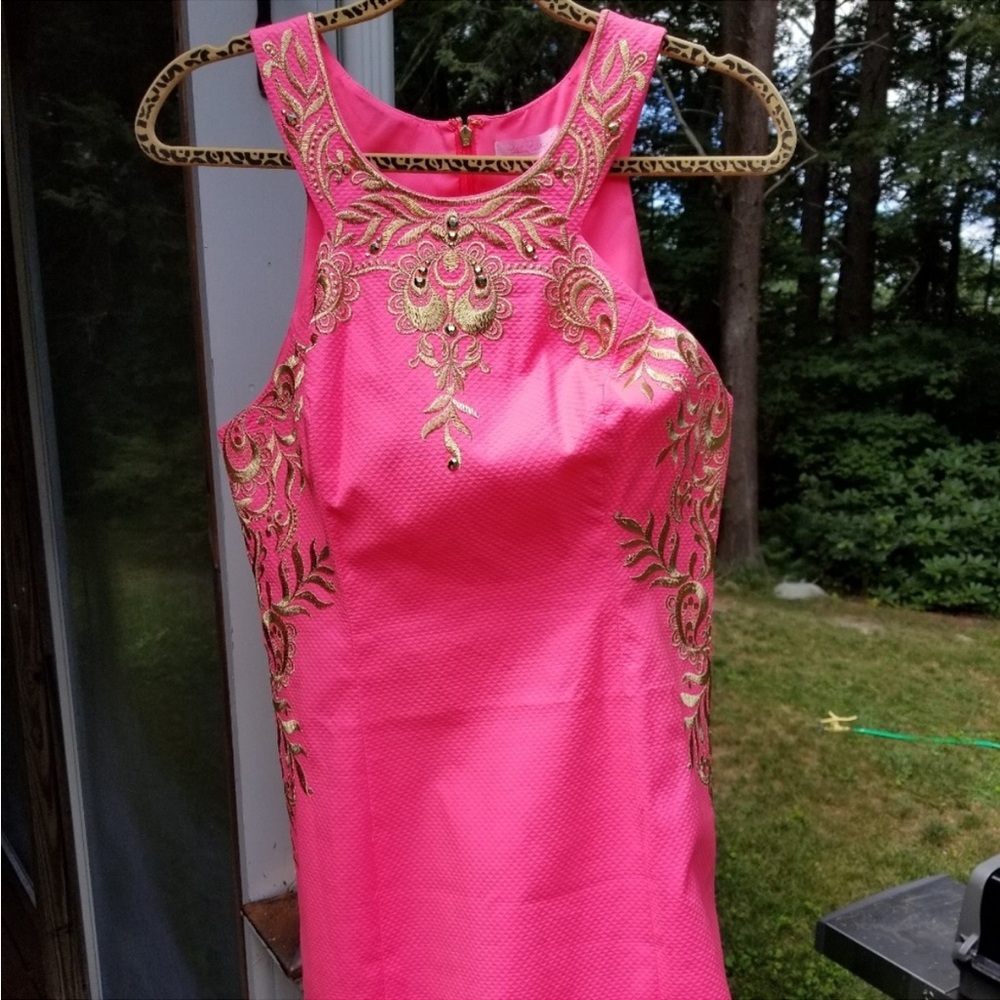🔥NWT LILLY PULITZER Classically Gorgeous Pink Dress w/Gold Embroidery Sz10